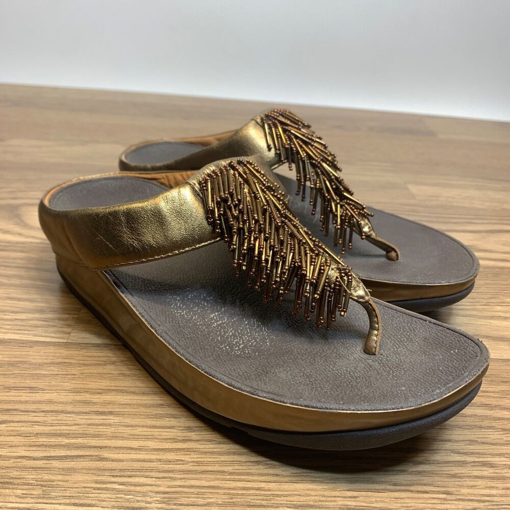 FitFlop Cha‎ Cha Bronze Gold Thongs Sandals Wedge Slip On Toe Post Size 7